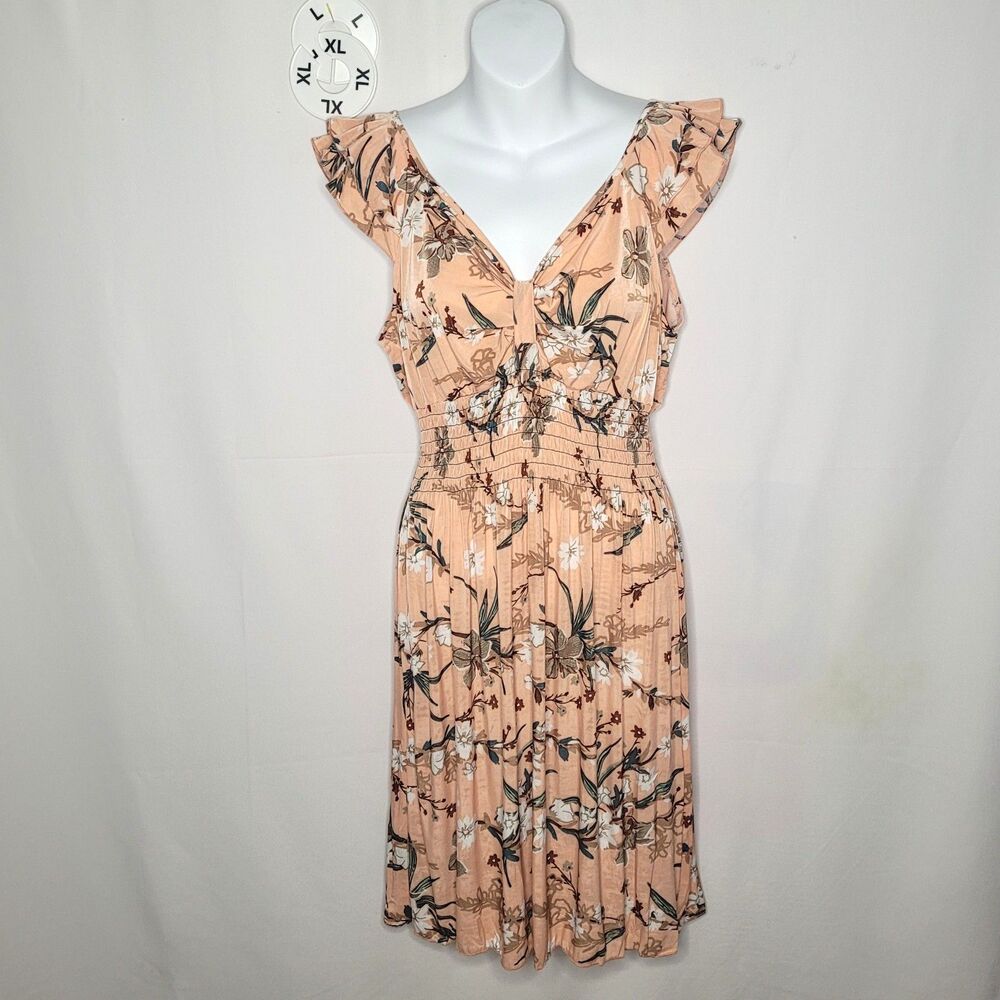 Peach Floral Smocked A-Line Summer Dress NWT Size L XL